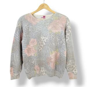 Vintage 80s Soft Silk and Angora Knit Blend Floral Animal Print Sweater Size M